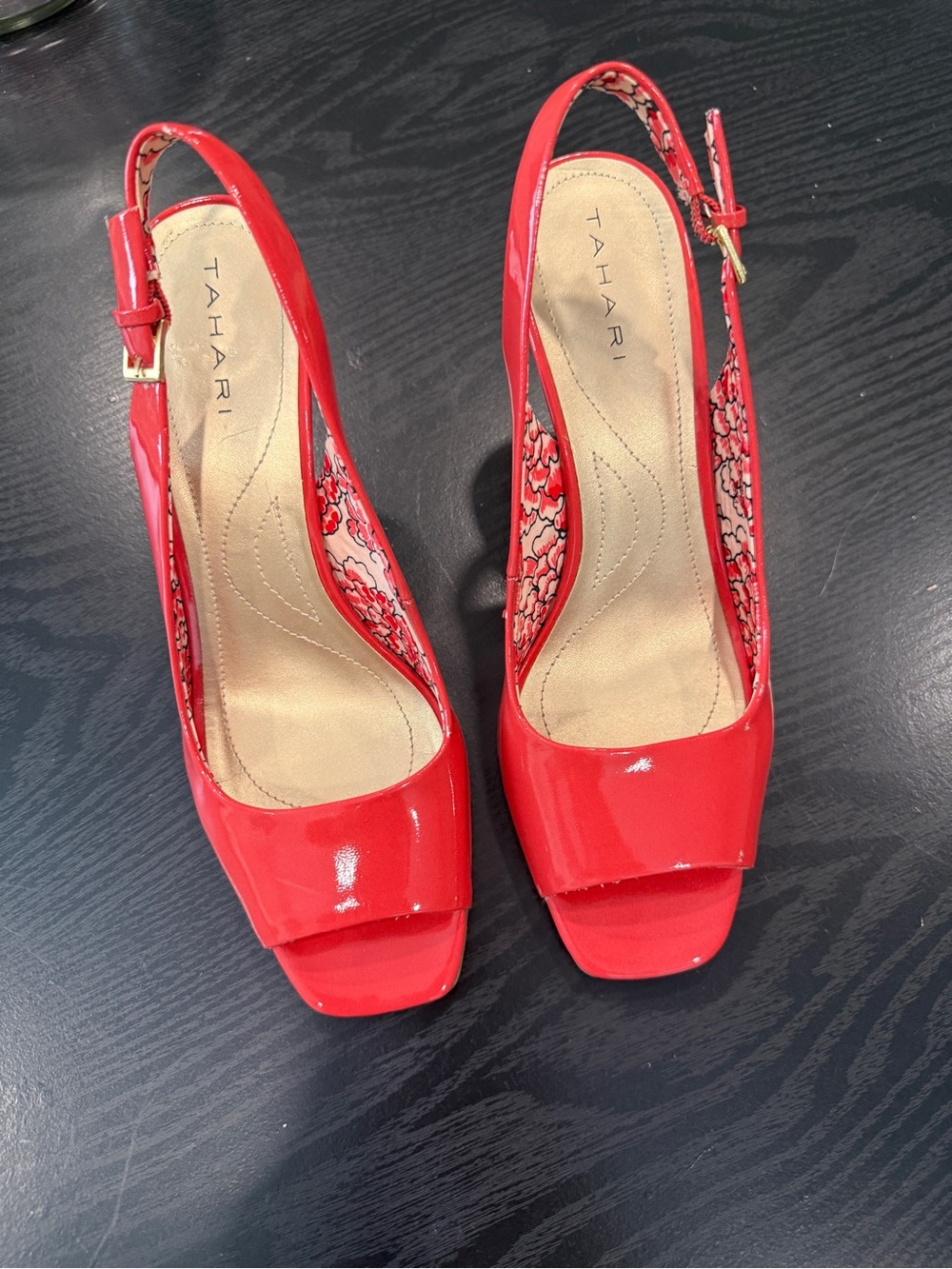 Tahari Red Patent Open-Toe Slingback Heels